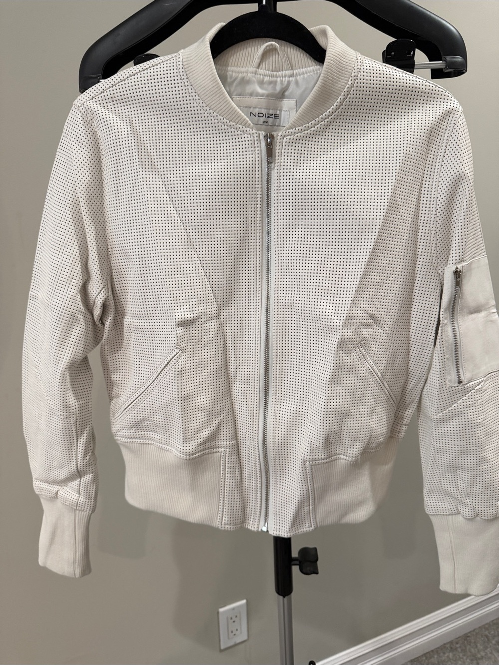 Noize Perforated Cream Bomber Jacket leather material